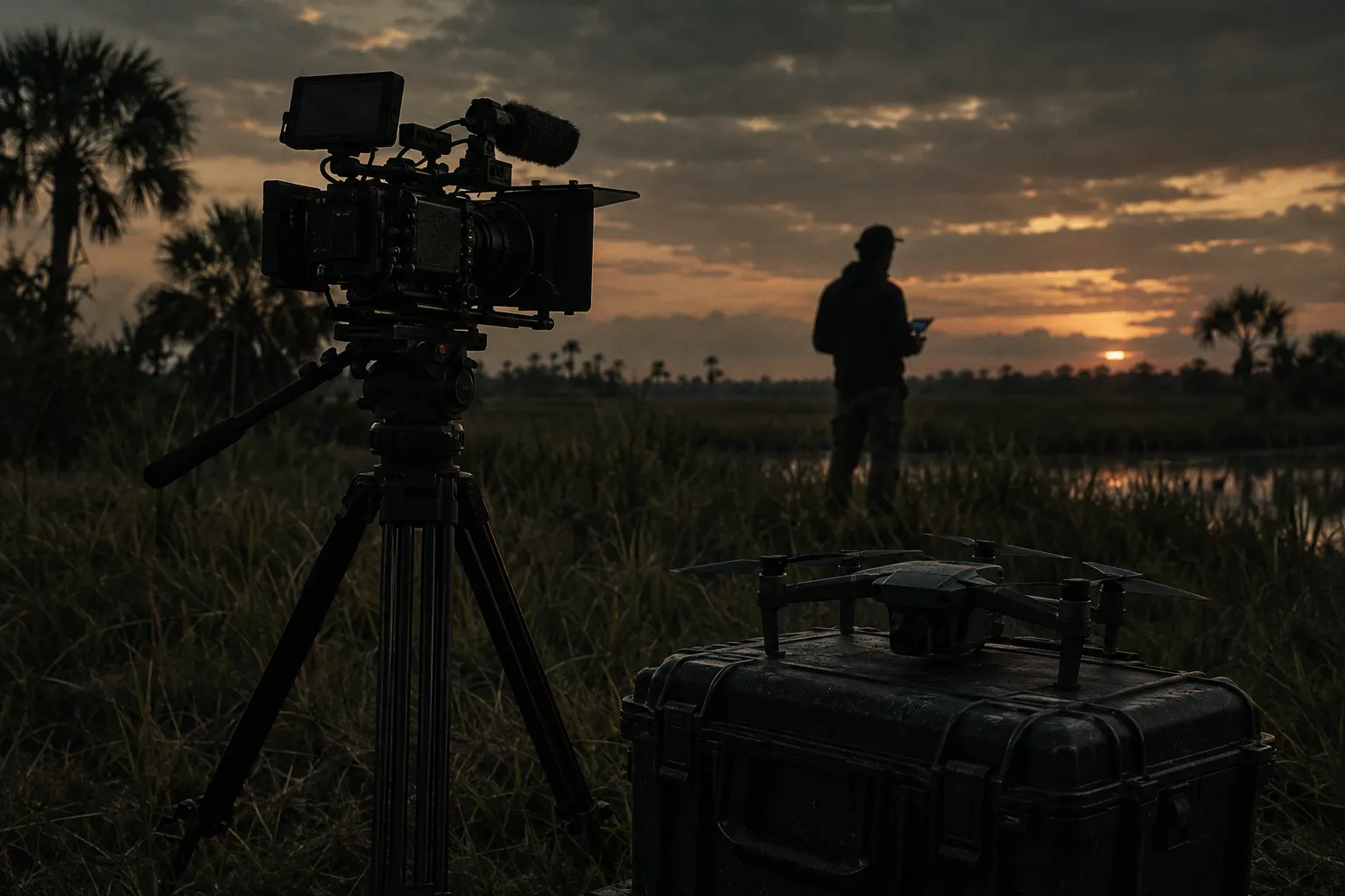 Cinema camera on a tripod and a drone on a hard case at a Florida field at dusk
