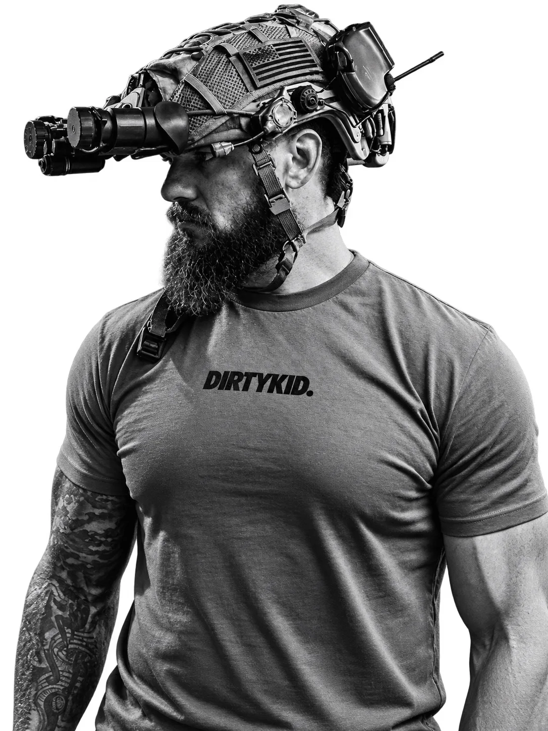 Jonny Red in a tactical helmet with night vision, black and white portrait