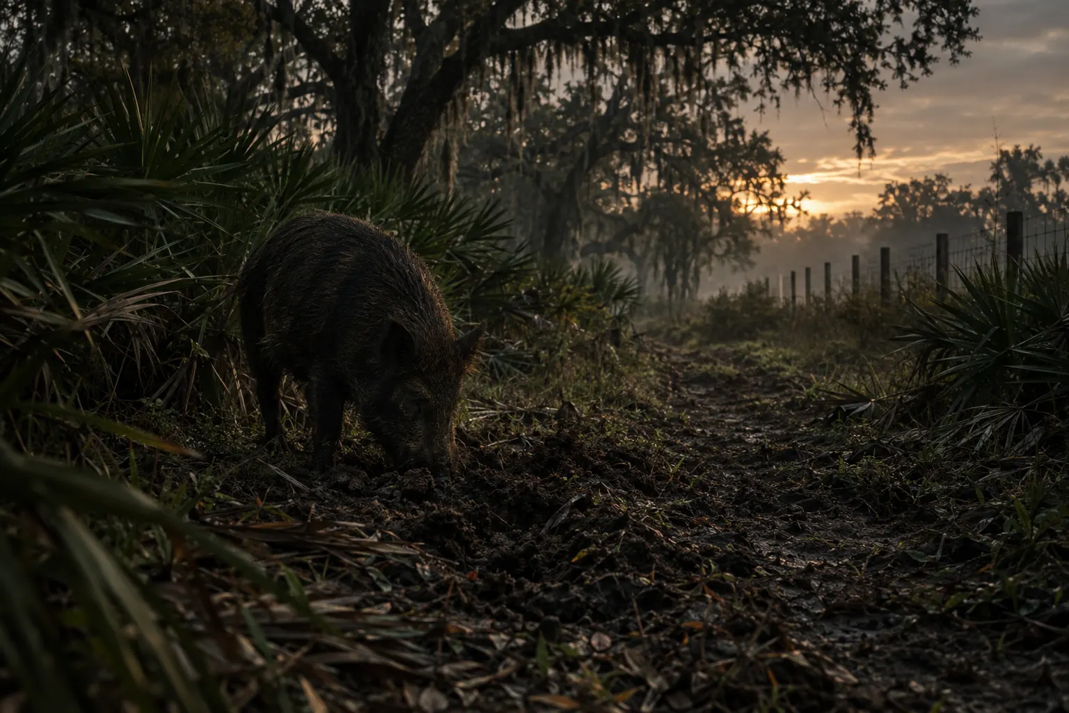 Game trail through Florida palmetto scrub with fresh hog rooting at first light